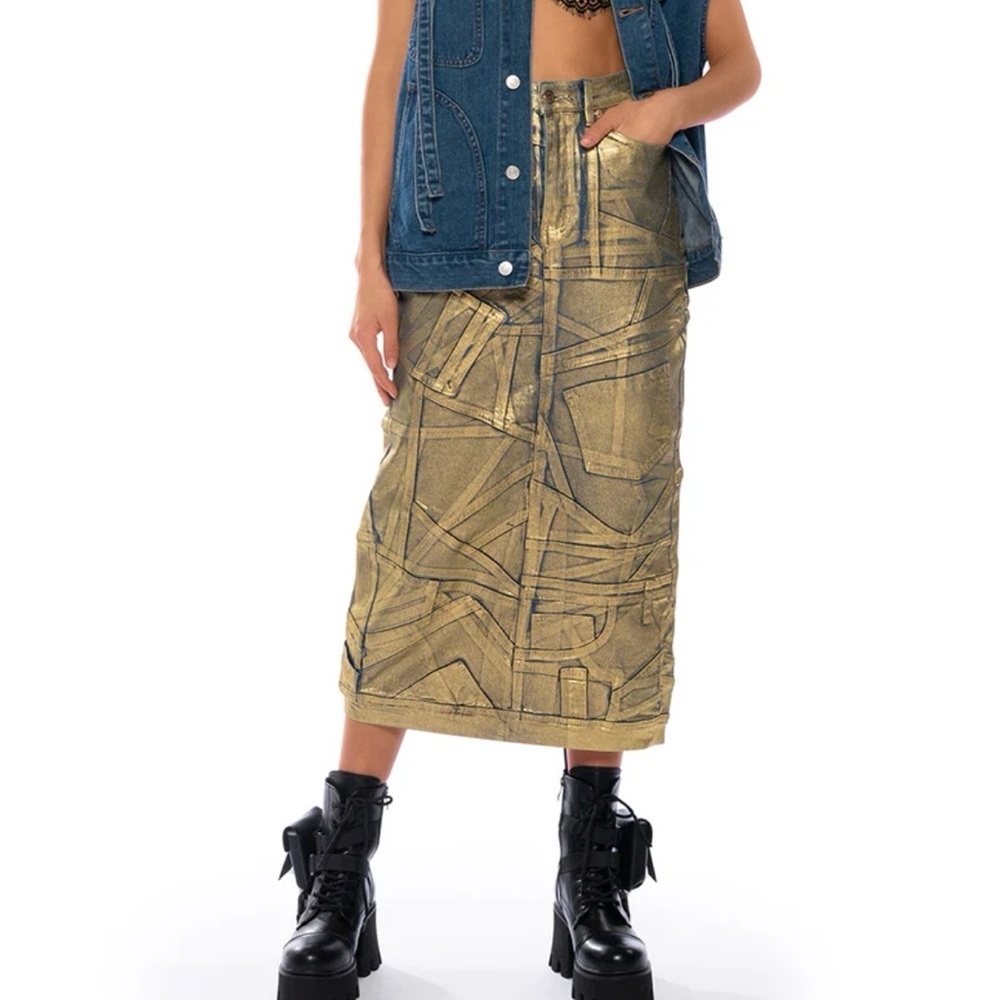 Akira Womens Gigi Metallic Gold Patchwork Denim Midi Skirt Sz Small